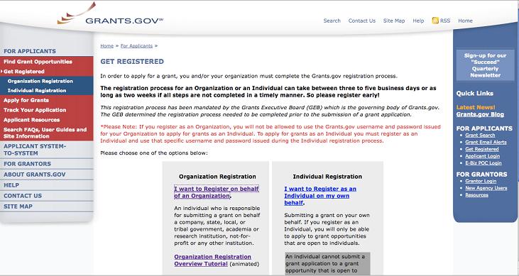 Screen of grants.gov website