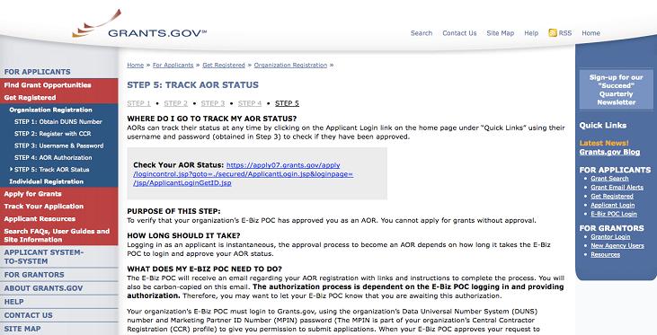 Track AOR status on grants.gov